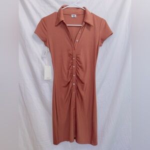 Wilfred NWT Short Sleeve Button Front Ruched Visit Shirt Dress in Mocha Sorbet